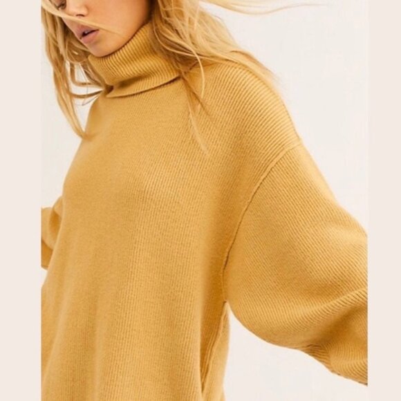 Free People Softly Structured Turtleneck Tunic Knit Sweater Mustard Yellow Small - Picture 4 of 10